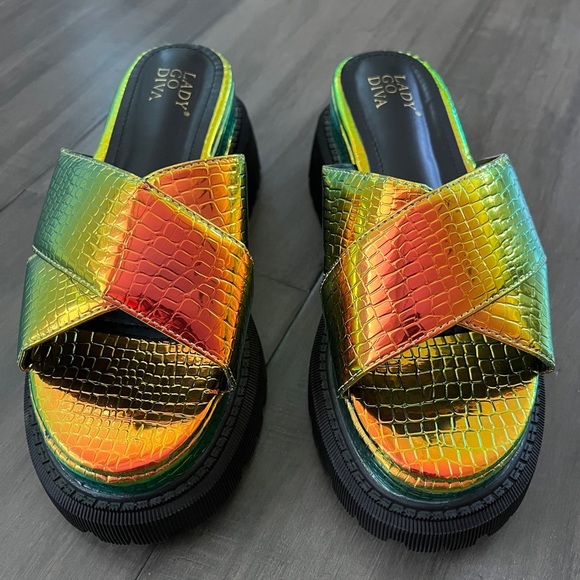Dolls Kill Shoes - Dolls Kill Iridescent Croc Criss Cross Platform Sandals - Size 6